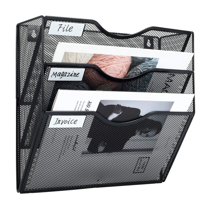 PAG Hanging Wall File Holder Mail Organizer Wall Mount Document Letter Rack, 3-Tier, Black - Image 1